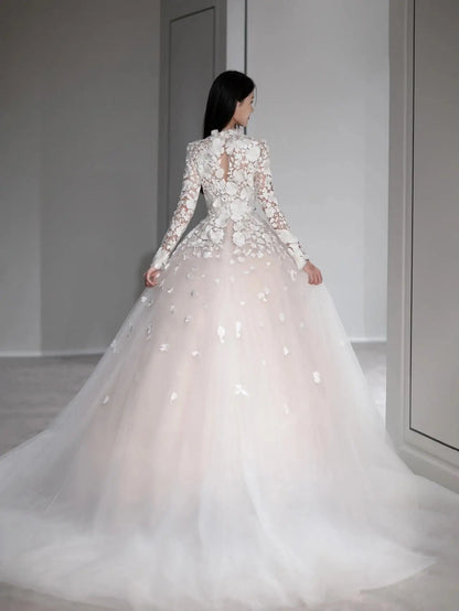 Wedding Dresses 2025 to impress Romantic Ivory Floral Lace Ball Gown Wedding Dress with Long Sleeves & High Neckline | Style RD001-vigocouture-vigocouture