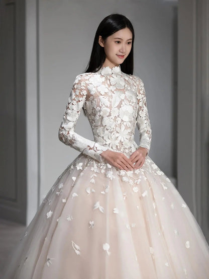 Wedding Dresses 2025 to impress Romantic Ivory Floral Lace Ball Gown Wedding Dress with Long Sleeves & High Neckline | Style RD001-vigocouture-vigocouture