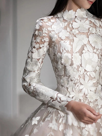Wedding Dresses 2025 to impress Romantic Ivory Floral Lace Ball Gown Wedding Dress with Long Sleeves & High Neckline | Style RD001-vigocouture-vigocouture