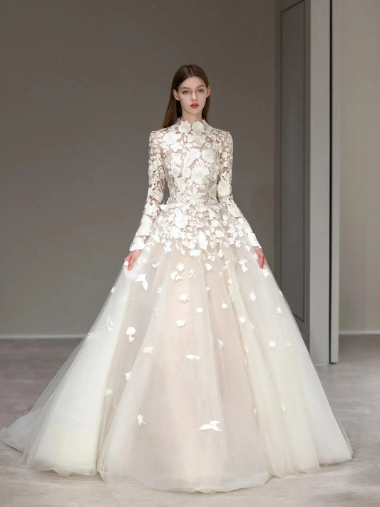 Wedding Dresses 2025 to impress Romantic Ivory Floral Lace Ball Gown Wedding Dress with Long Sleeves & High Neckline | Style RD001-vigocouture-Ivory-Custom Size-vigocouture