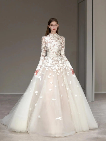 Wedding Dresses 2025 to impress Romantic Ivory Floral Lace Ball Gown Wedding Dress with Long Sleeves & High Neckline | Style RD001-vigocouture-Ivory-Custom Size-vigocouture