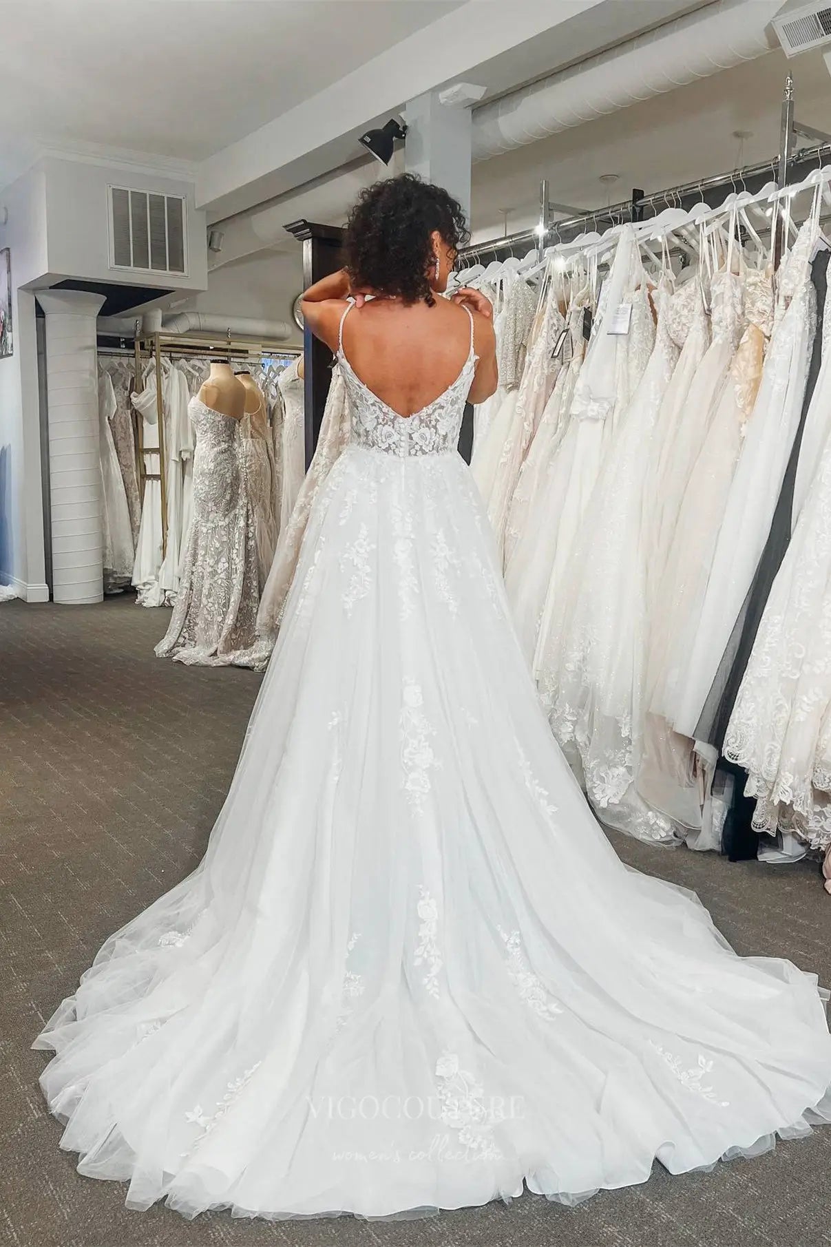 Wedding Dresses 2025 to impress Romantic Ivory Floral Lace Wedding Dress with Sheer Corset Bodice, Spaghetti Straps & Flowing Tulle Skirt – VW2593-vigocouture-vigocouture