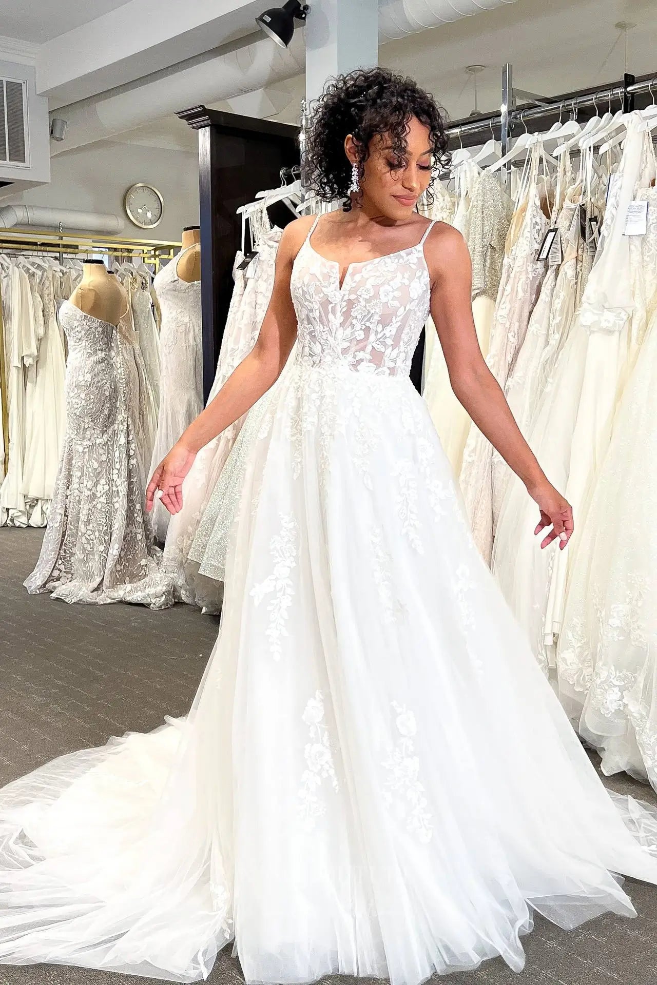 Romantic Ivory Floral Lace Wedding Dress with Sheer Corset Bodice, Spaghetti Straps & Flowing Tulle Skirt – VW2593