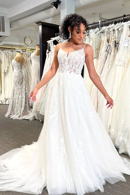 Romantic Ivory Floral Lace Wedding Dress with Sheer Corset Bodice, Spaghetti Straps & Flowing Tulle Skirt – VW2593