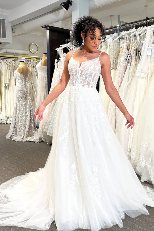 Romantic Ivory Floral Lace Wedding Dress with Sheer Corset Bodice, Spaghetti Straps & Flowing Tulle Skirt – VW2593