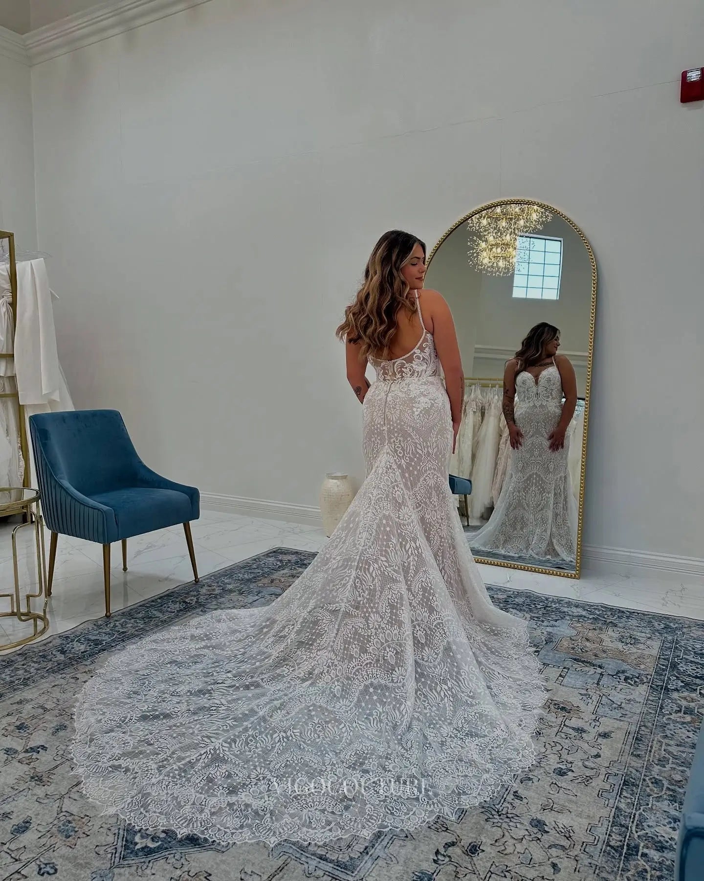 Romantic Ivory Lace Mermaid Wedding Dress with Spaghetti Straps, Plunging Neckline & Sheer Chapel Train – W2640