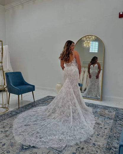 Romantic Ivory Lace Mermaid Wedding Dress with Spaghetti Straps, Plunging Neckline & Sheer Chapel Train – W2640