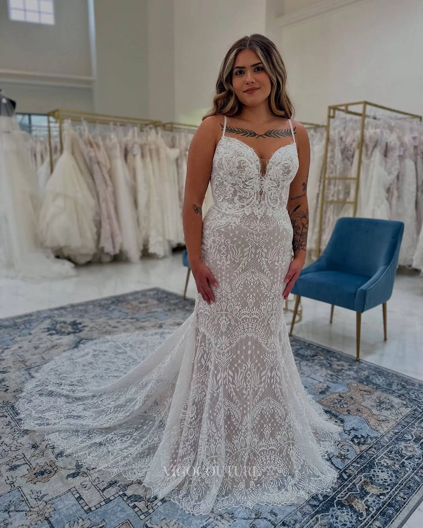 Romantic Ivory Lace Mermaid Wedding Dress with Spaghetti Straps, Plunging Neckline & Sheer Chapel Train – W2640
