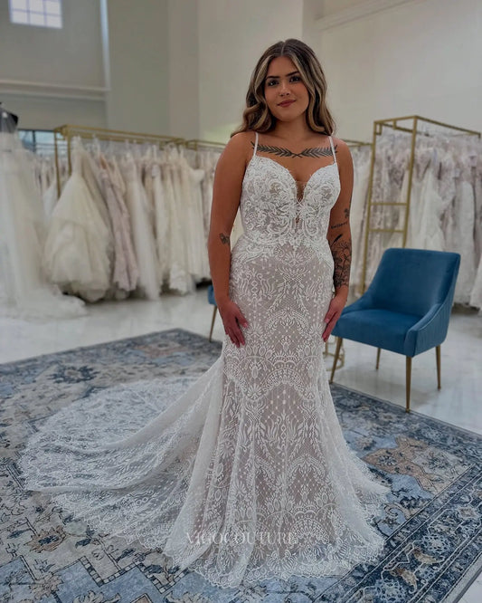 Romantic Ivory Lace Mermaid Wedding Dress with Spaghetti Straps, Plunging Neckline & Sheer Chapel Train – W2640