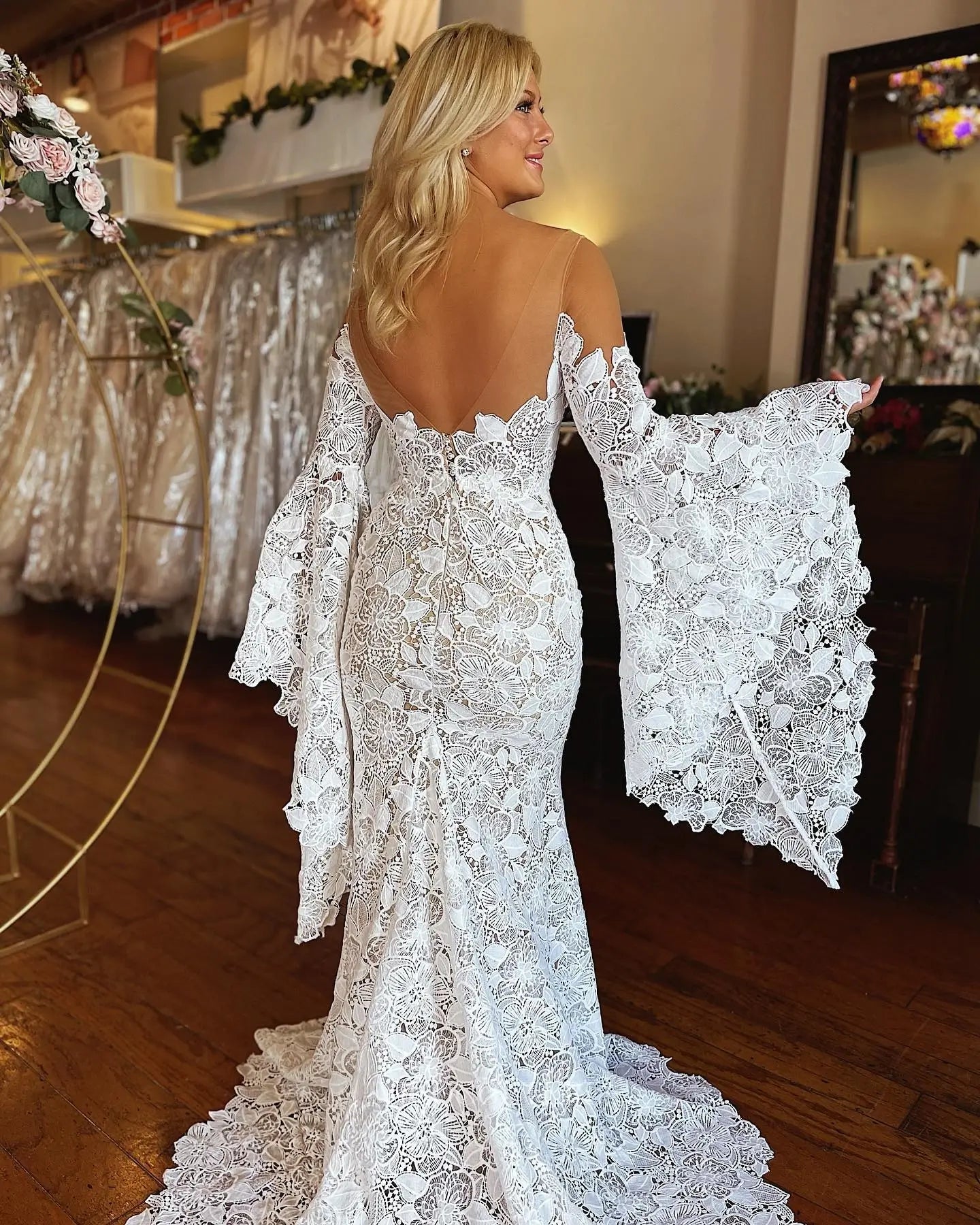 Wedding Dresses 2025 to impress Romantic Ivory Lace Off-the-Shoulder Mermaid Wedding Dress with Deep V-Neck & Bell Sleeves – W2638-vigocouture-vigocouture