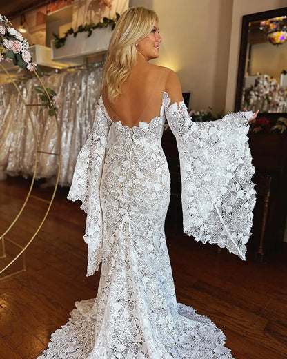 Wedding Dresses 2025 to impress Romantic Ivory Lace Off-the-Shoulder Mermaid Wedding Dress with Deep V-Neck & Bell Sleeves – W2638-vigocouture-vigocouture