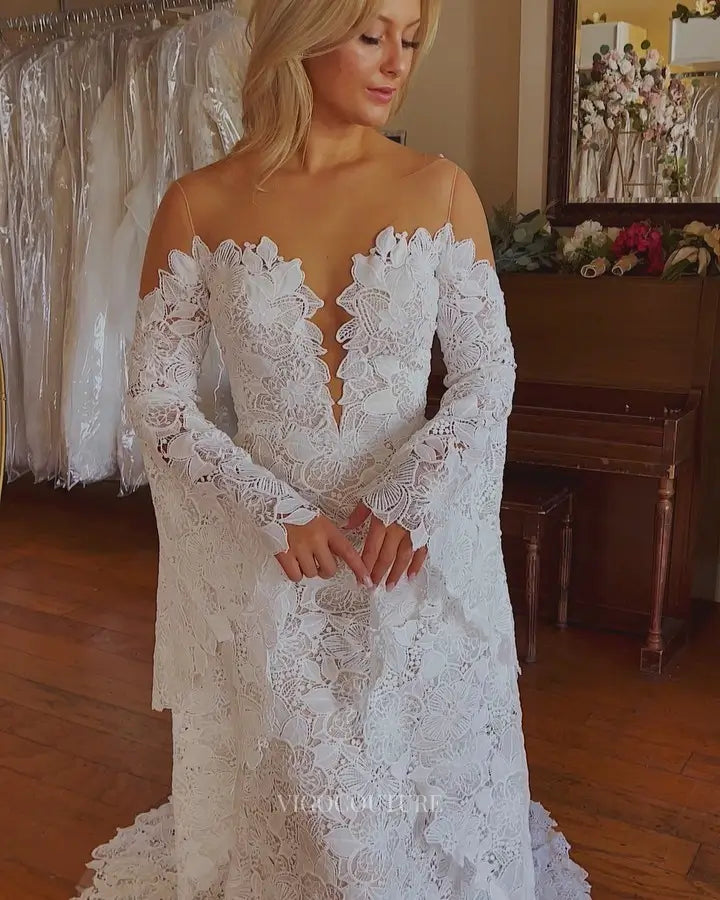 Wedding Dresses 2025 to impress Romantic Ivory Lace Off-the-Shoulder Mermaid Wedding Dress with Deep V-Neck & Bell Sleeves – W2638-vigocouture-vigocouture