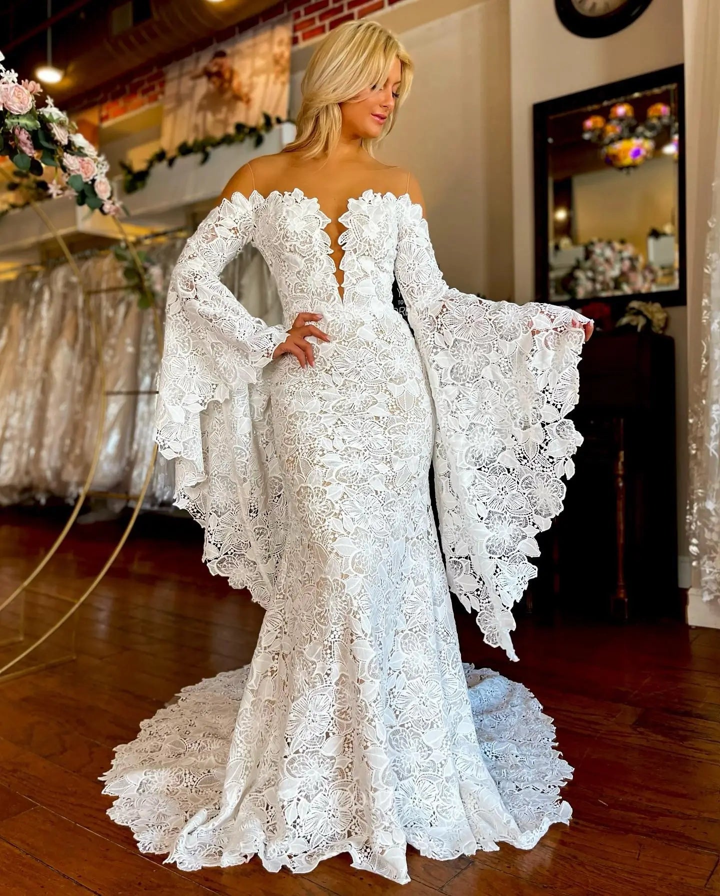 Romantic Ivory Lace Off-the-Shoulder Mermaid Wedding Dress with Deep V-Neck & Bell Sleeves – W2638