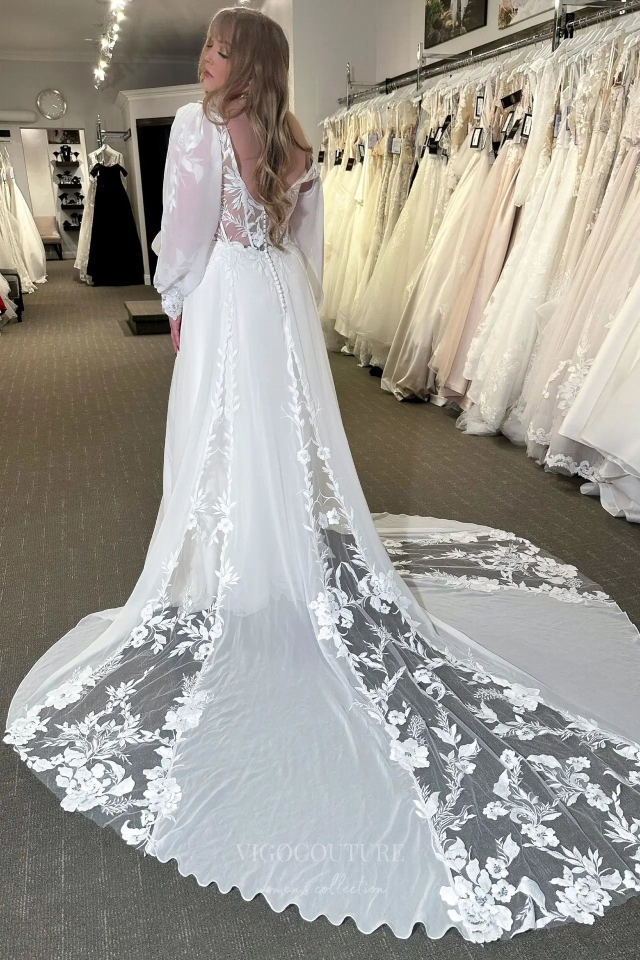 Wedding Dresses 2025 to impress Romantic Ivory Lace Wedding Dress with Bishop Sleeves, Sheer Bodice, Front Slit & Chapel Train – VW2589-vigocouture-vigocouture