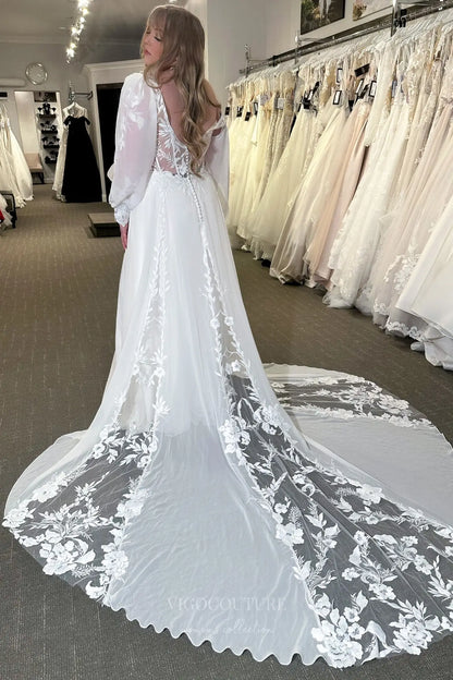 Wedding Dresses 2025 to impress Romantic Ivory Lace Wedding Dress with Bishop Sleeves, Sheer Bodice, Front Slit & Chapel Train – VW2589-vigocouture-vigocouture