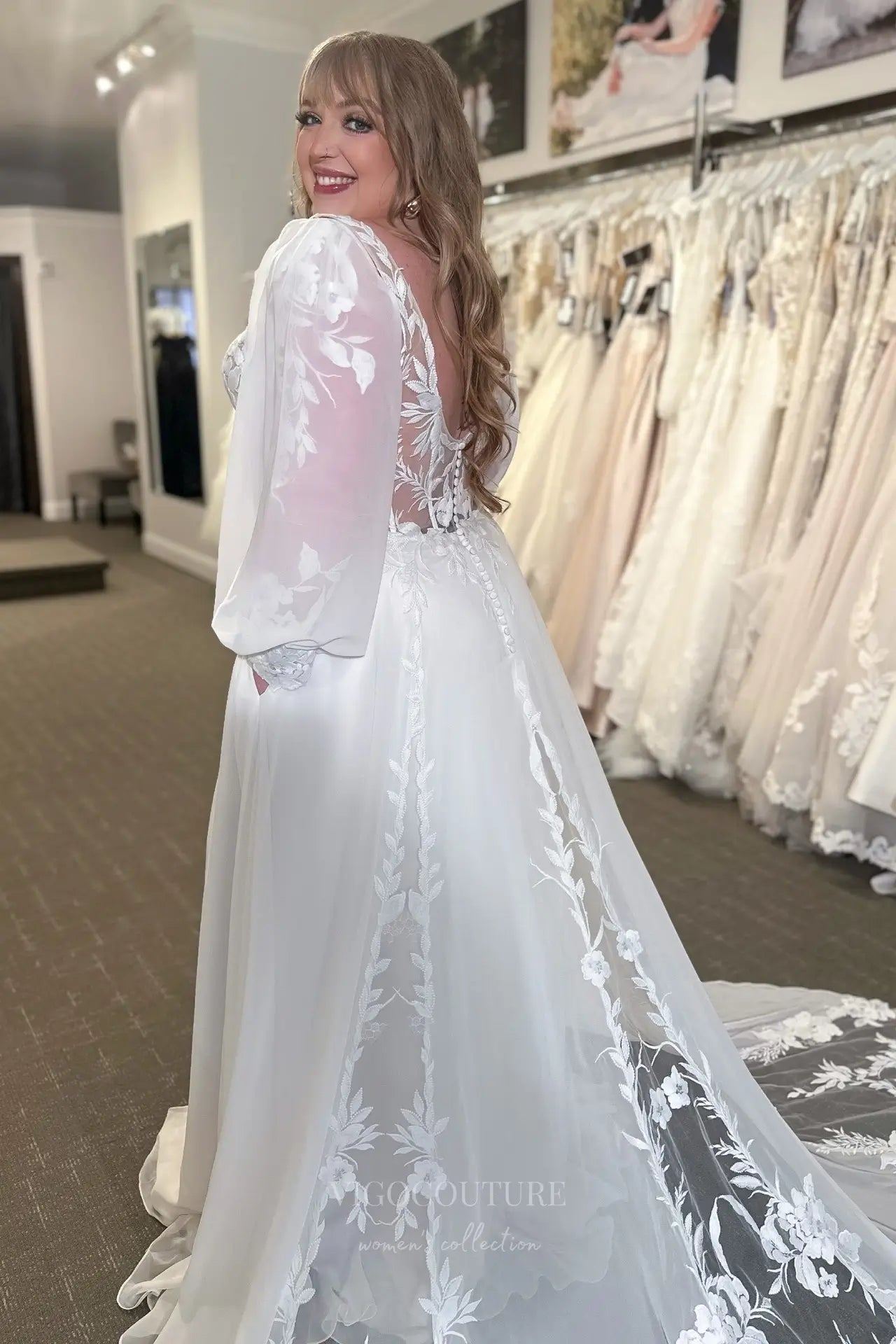 Wedding Dresses 2025 to impress Romantic Ivory Lace Wedding Dress with Bishop Sleeves, Sheer Bodice, Front Slit & Chapel Train – VW2589-vigocouture-vigocouture
