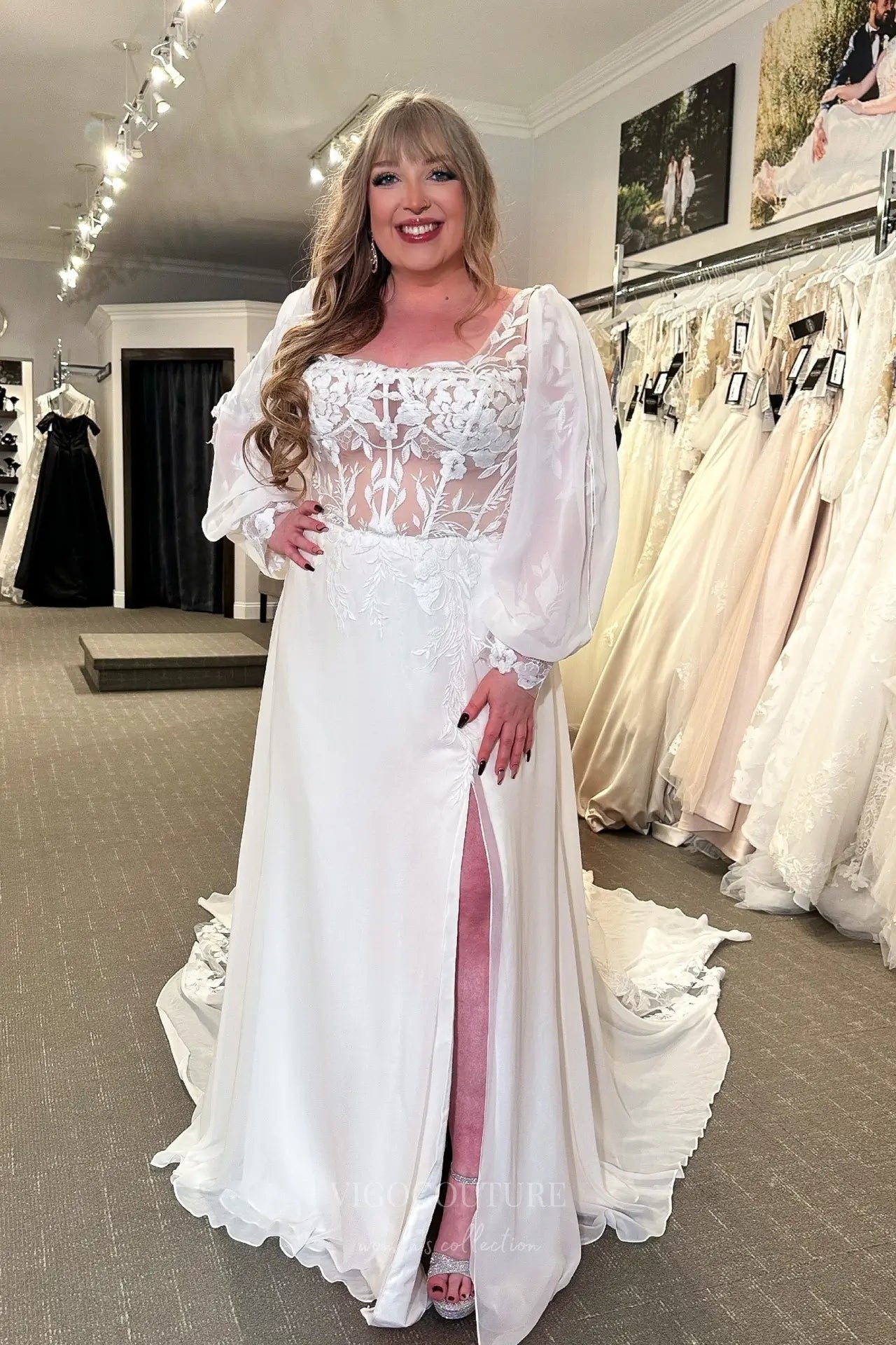 Romantic Ivory Lace Wedding Dress with Bishop Sleeves, Sheer Bodice, Front Slit & Chapel Train – VW2589