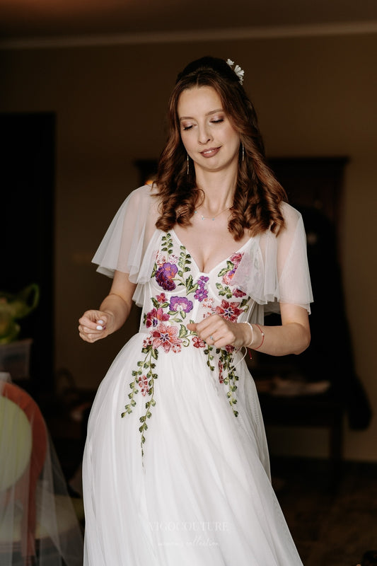 Romantic Ivory Wedding Dress with Colorful Floral Embroidery, Sheer Corset Bodice & Flutter Sleeves – W2377