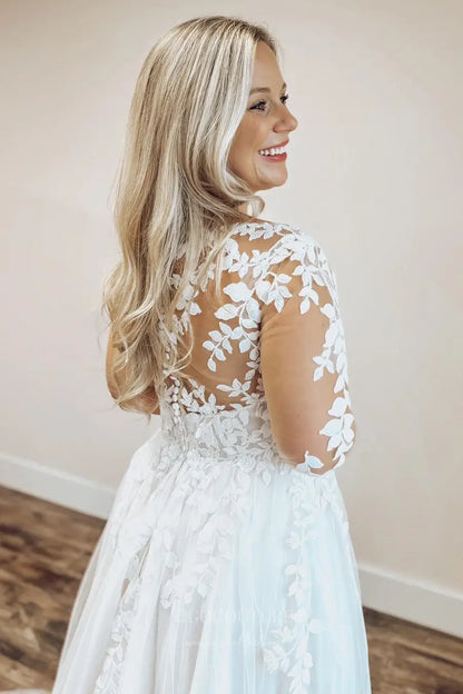 Wedding Dresses 2025 to impress Romantic Lace Tulle Wedding Dress with Long Sleeves, Illusion Neckline and High Slit – W2360-vigocouture-vigocouture