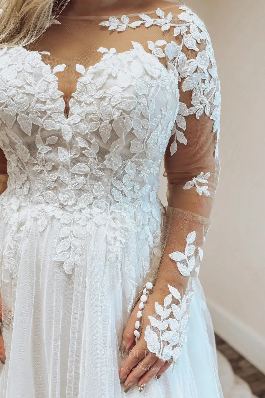 Wedding Dresses 2025 to impress Romantic Lace Tulle Wedding Dress with Long Sleeves, Illusion Neckline and High Slit – W2360-vigocouture-vigocouture