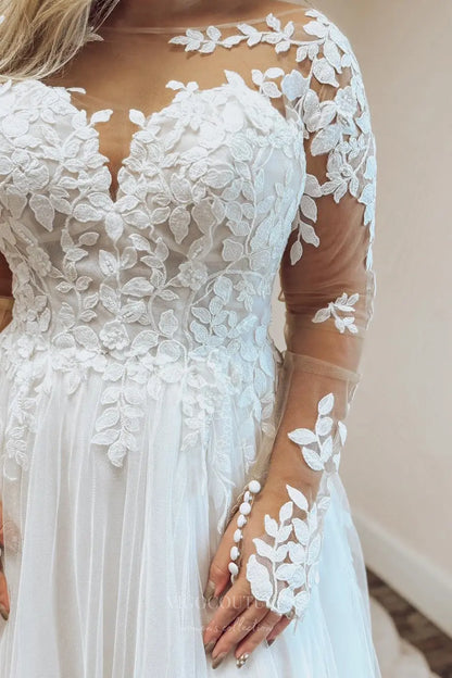 Wedding Dresses 2025 to impress Romantic Lace Tulle Wedding Dress with Long Sleeves, Illusion Neckline and High Slit – W2360-vigocouture-vigocouture