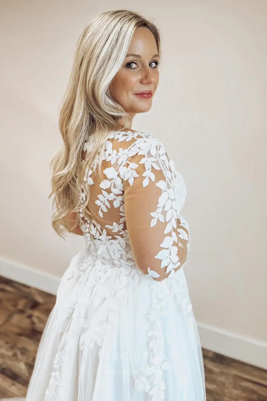 Wedding Dresses 2025 to impress Romantic Lace Tulle Wedding Dress with Long Sleeves, Illusion Neckline and High Slit – W2360-vigocouture-vigocouture