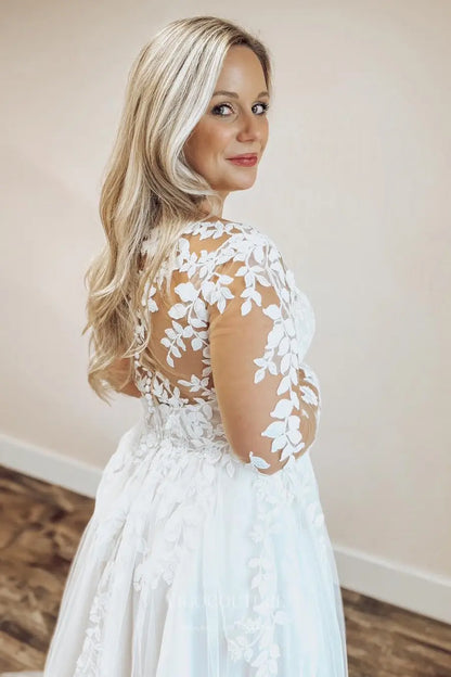 Wedding Dresses 2025 to impress Romantic Lace Tulle Wedding Dress with Long Sleeves, Illusion Neckline and High Slit – W2360-vigocouture-vigocouture