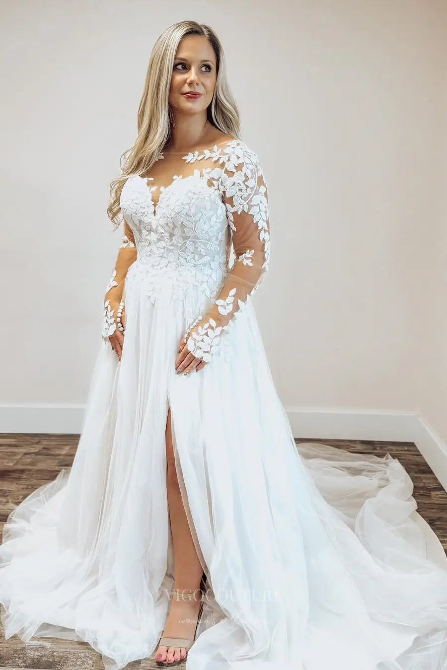 Romantic Lace Tulle Wedding Dress with Long Sleeves, Illusion Neckline and High Slit – W2360