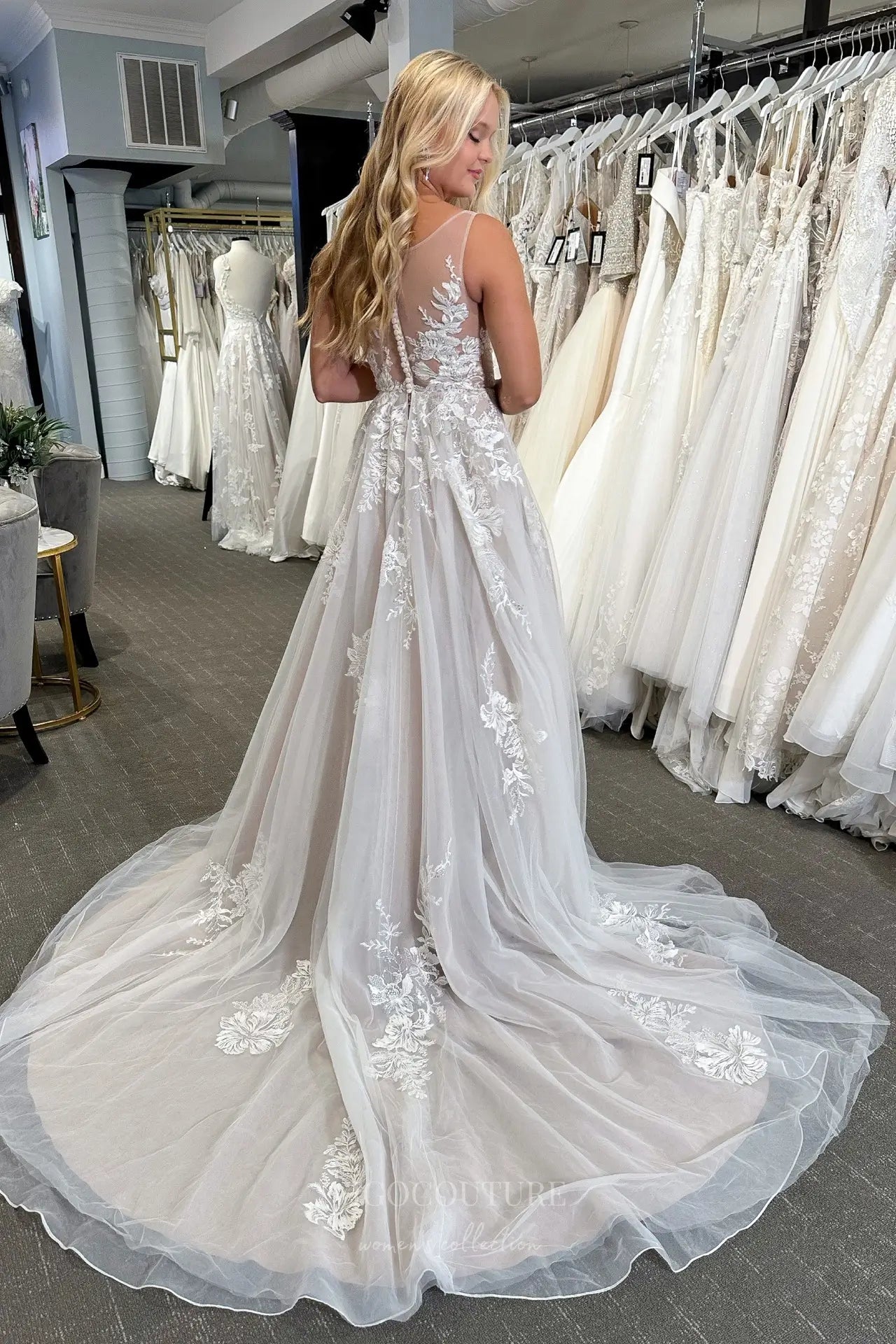 Wedding Dresses 2025 to impress Romantic Nude Ivory Lace Wedding Dress with Illusion Bodice, Floral Appliqués & A-Line Silhouette – W2345-vigocouture-vigocouture