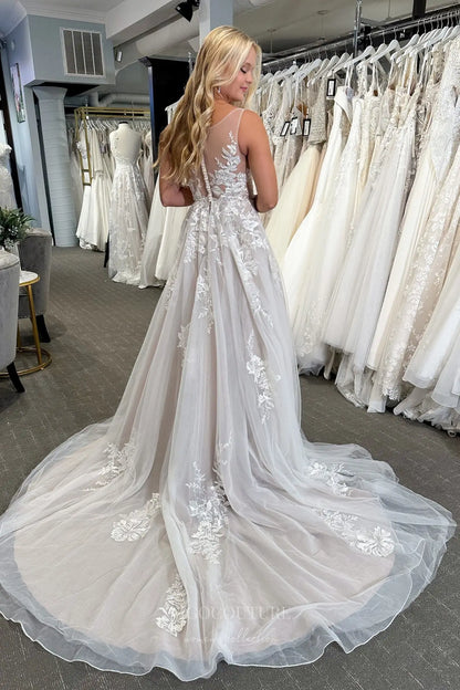 Wedding Dresses 2025 to impress Romantic Nude Ivory Lace Wedding Dress with Illusion Bodice, Floral Appliqués & A-Line Silhouette – W2345-vigocouture-vigocouture