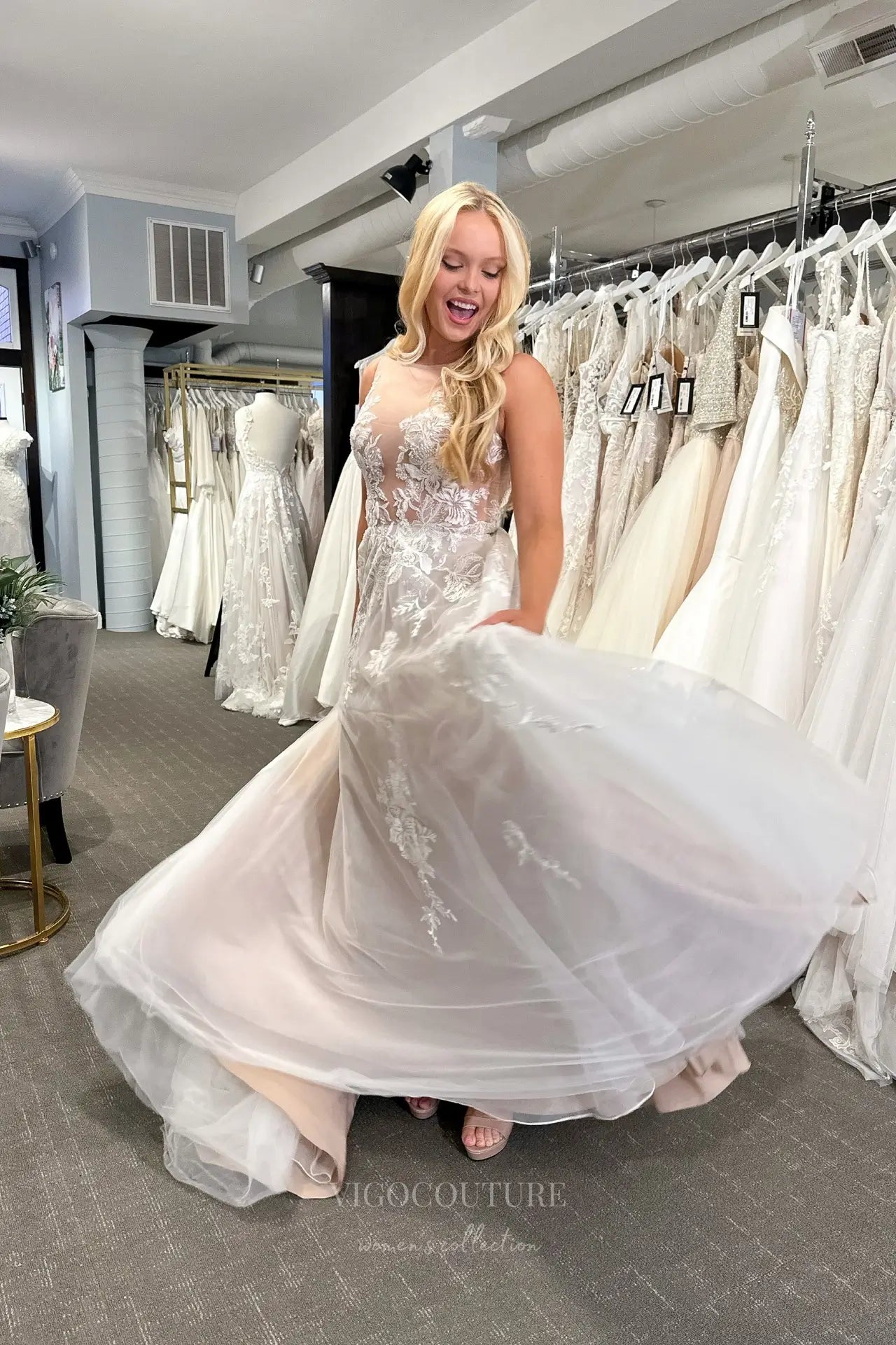 Wedding Dresses 2025 to impress Romantic Nude Ivory Lace Wedding Dress with Illusion Bodice, Floral Appliqués & A-Line Silhouette – W2345-vigocouture-vigocouture