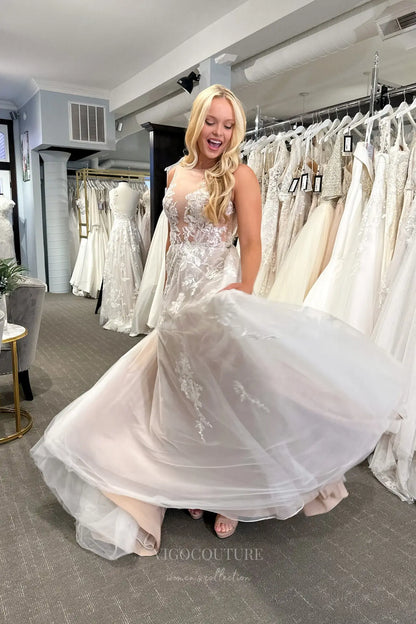 Wedding Dresses 2025 to impress Romantic Nude Ivory Lace Wedding Dress with Illusion Bodice, Floral Appliqués & A-Line Silhouette – W2345-vigocouture-vigocouture