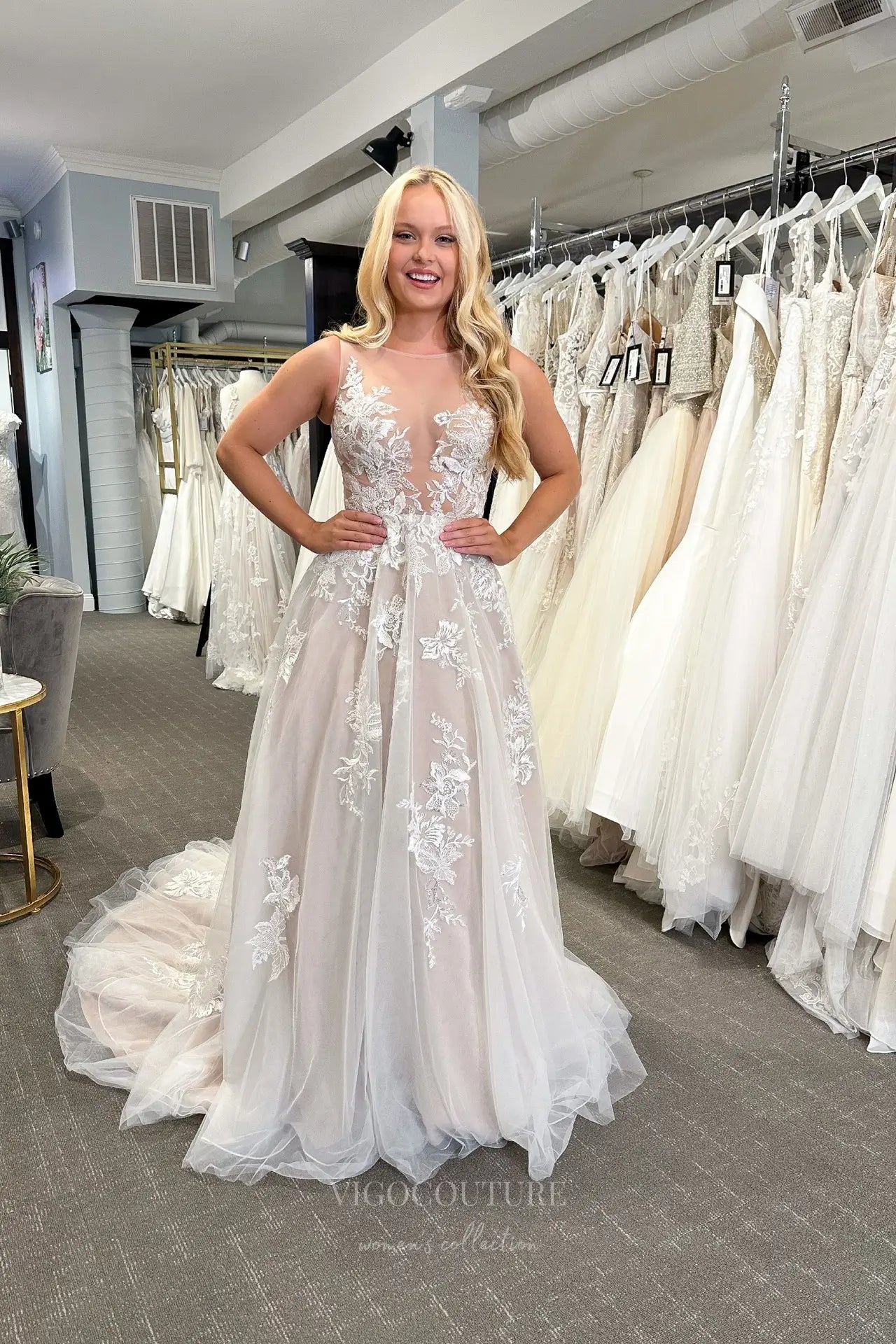 Romantic Nude Ivory Lace Wedding Dress with Illusion Bodice, Floral Appliqués & A-Line Silhouette – W2345