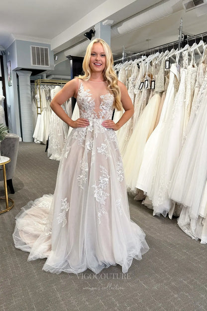 Romantic Nude Ivory Lace Wedding Dress with Illusion Bodice, Floral Appliqués & A-Line Silhouette – W2345