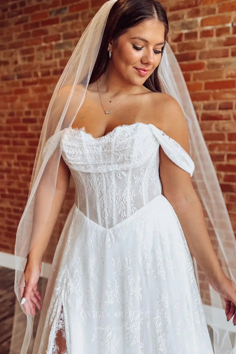 Wedding Dresses 2025 to impress Romantic Off-the-Shoulder Lace Wedding Dress with Boned Bodice, Slit Skirt and Basque Waist – W2361-vigocouture-vigocouture