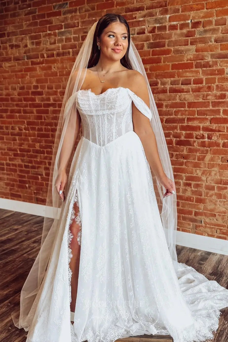 Romantic Off-the-Shoulder Lace Wedding Dress with Boned Bodice, Slit Skirt and Basque Waist – W2361