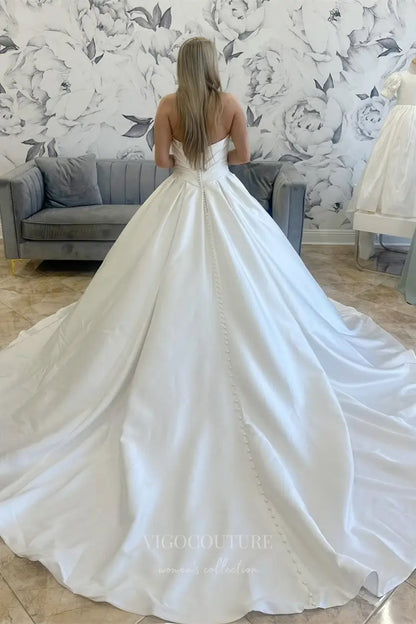 Wedding Dresses 2025 to impress Romantic Satin Ball Gown Wedding Dress with Draped Neckline, Basque Waist, Pockets & Button Train – W2613-vigocouture-vigocouture