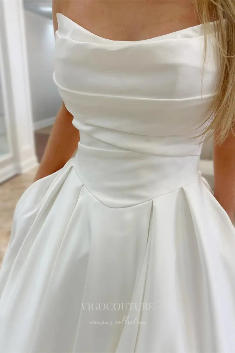 Wedding Dresses 2025 to impress Romantic Satin Ball Gown Wedding Dress with Draped Neckline, Basque Waist, Pockets & Button Train – W2613-vigocouture-vigocouture