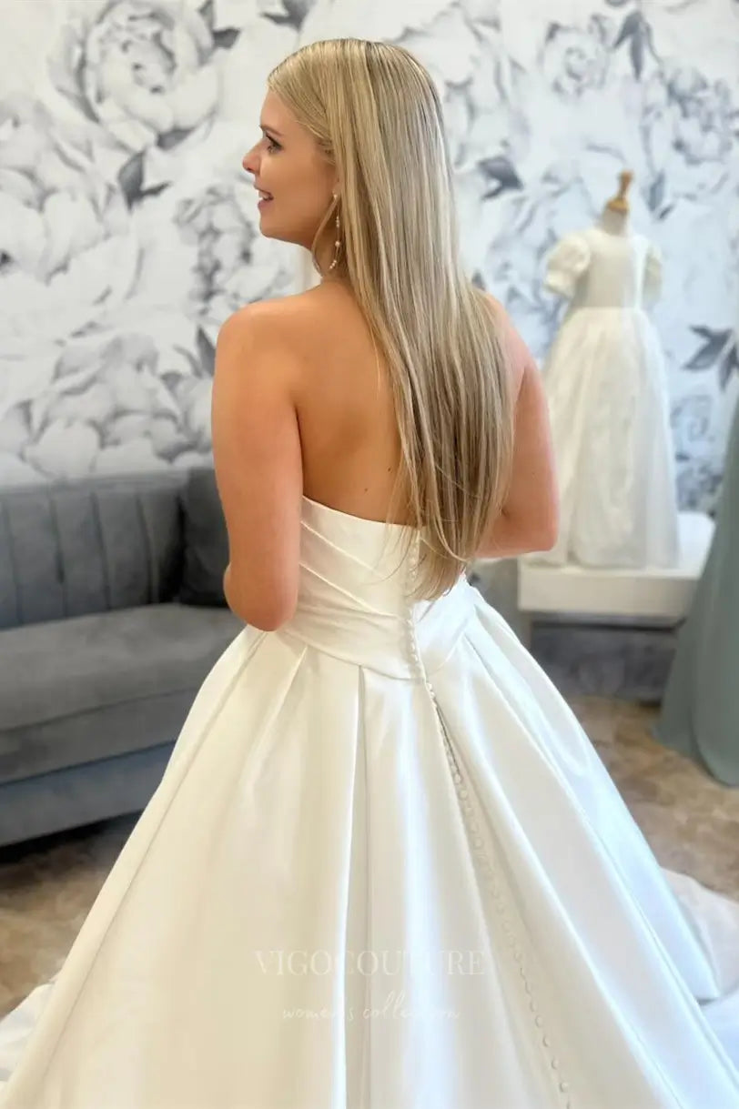 Wedding Dresses 2025 to impress Romantic Satin Ball Gown Wedding Dress with Draped Neckline, Basque Waist, Pockets & Button Train – W2613-vigocouture-vigocouture