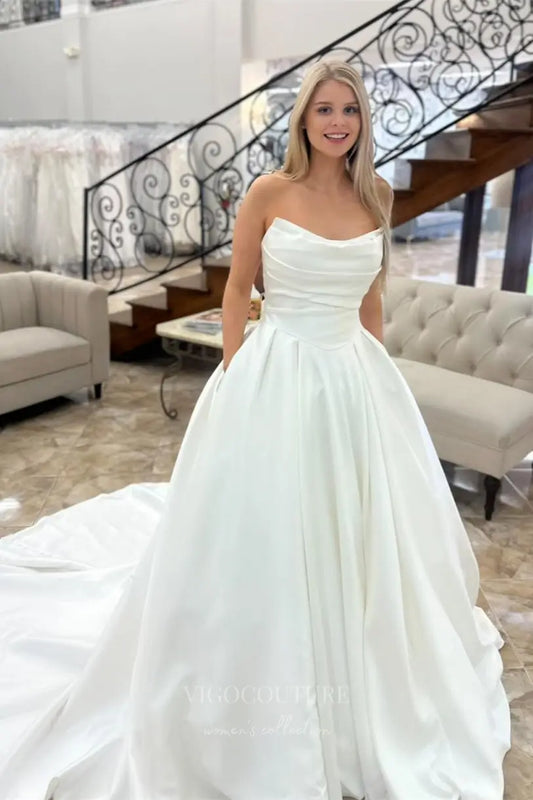 Romantic Satin Ball Gown Wedding Dress with Draped Neckline, Basque Waist, Pockets & Button Train – W2613