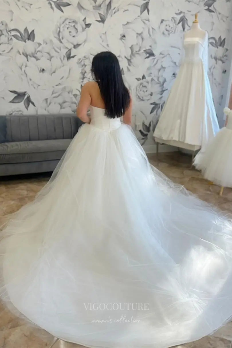 Wedding Dresses 2025 to impress Romantic Strapless Ball Gown Wedding Dress with Pearl Beaded Neckline, Basque Waist & Layered Tulle Skirt – W2607-vigocouture-vigocouture