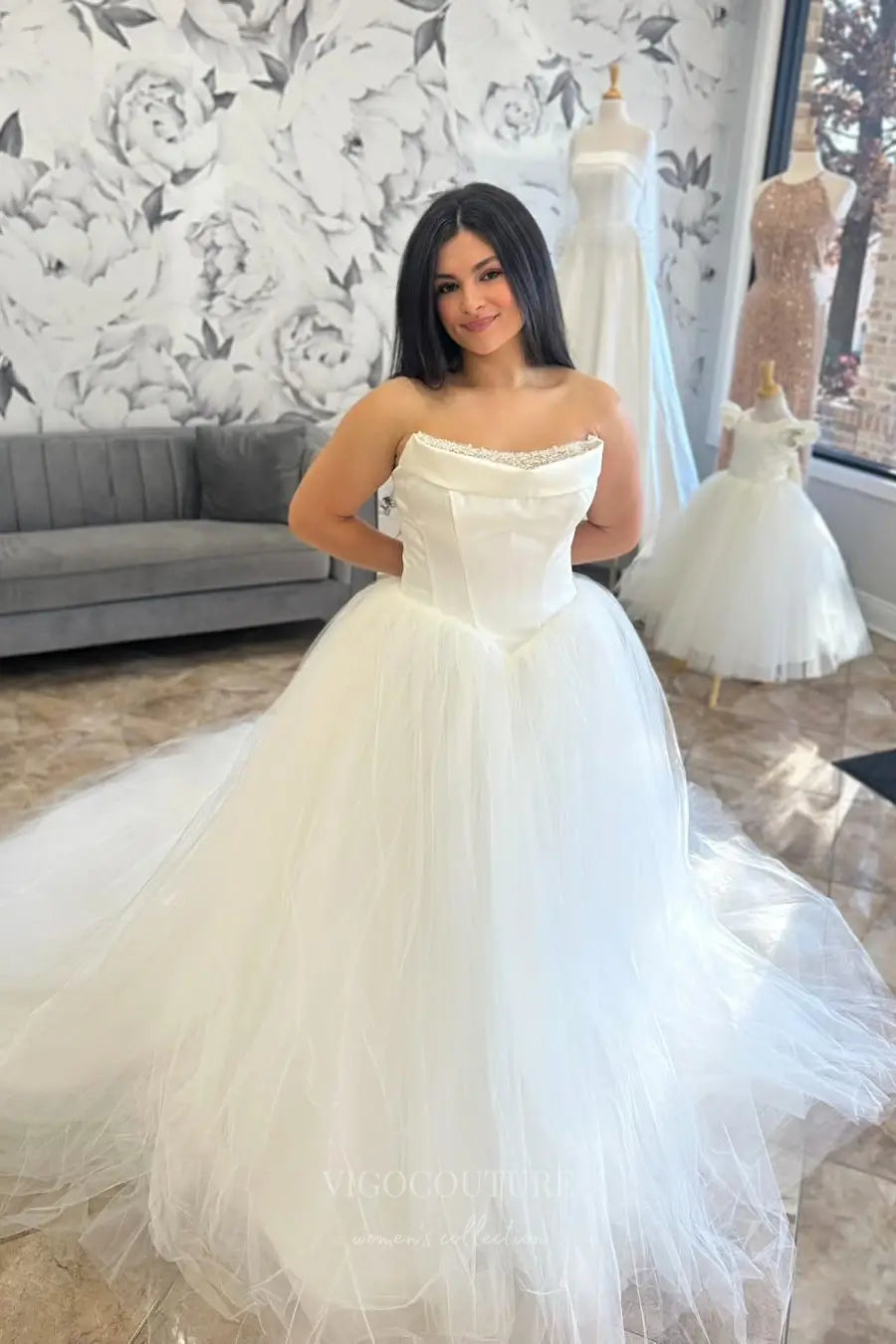 Wedding Dresses 2025 to impress Romantic Strapless Ball Gown Wedding Dress with Pearl Beaded Neckline, Basque Waist & Layered Tulle Skirt – W2607-vigocouture-vigocouture