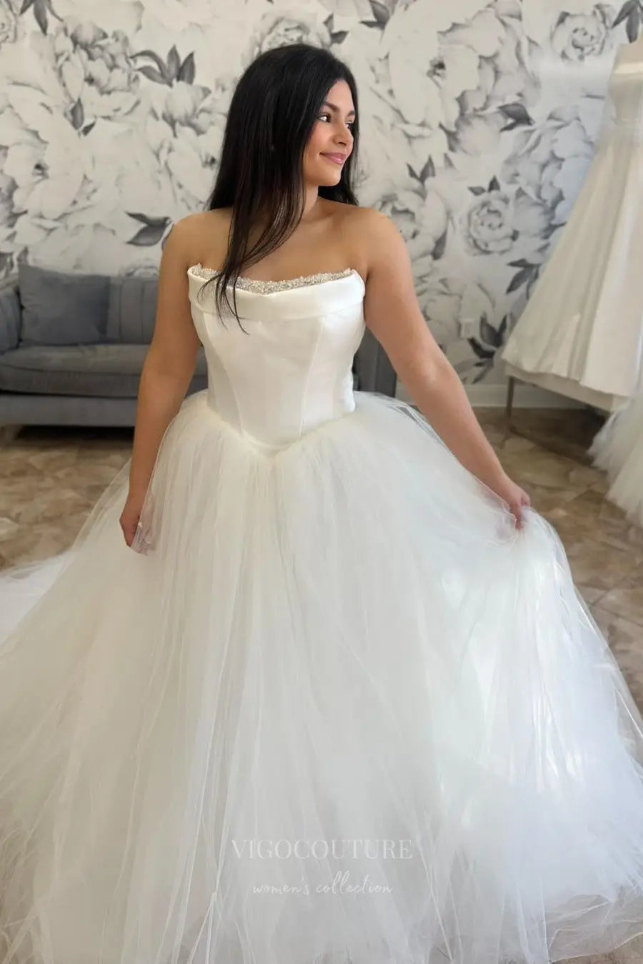 Wedding Dresses 2025 to impress Romantic Strapless Ball Gown Wedding Dress with Pearl Beaded Neckline, Basque Waist & Layered Tulle Skirt – W2607-vigocouture-vigocouture