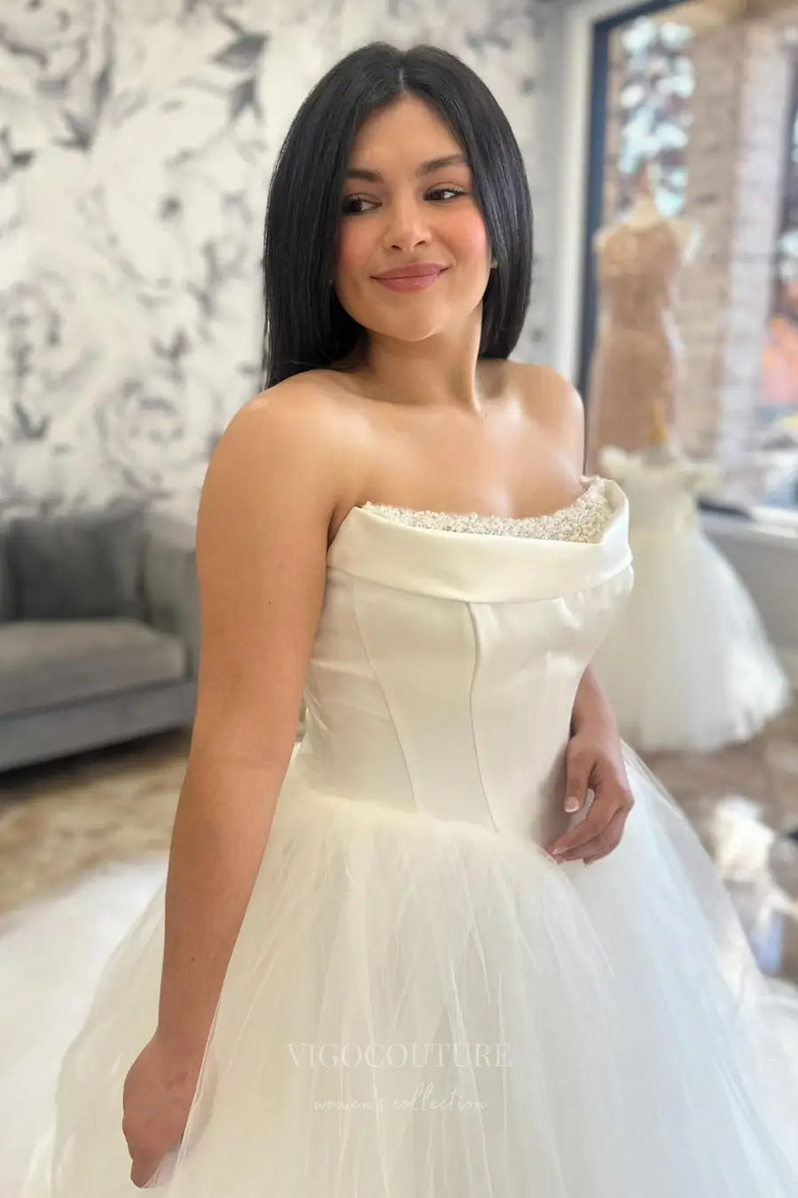 Wedding Dresses 2025 to impress Romantic Strapless Ball Gown Wedding Dress with Pearl Beaded Neckline, Basque Waist & Layered Tulle Skirt – W2607-vigocouture-vigocouture