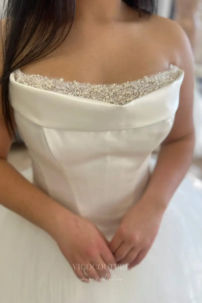 Wedding Dresses 2025 to impress Romantic Strapless Ball Gown Wedding Dress with Pearl Beaded Neckline, Basque Waist & Layered Tulle Skirt – W2607-vigocouture-vigocouture