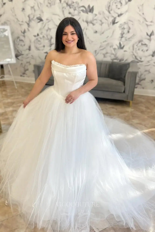Romantic Strapless Ball Gown Wedding Dress with Pearl Beaded Neckline, Basque Waist & Layered Tulle Skirt – W2607