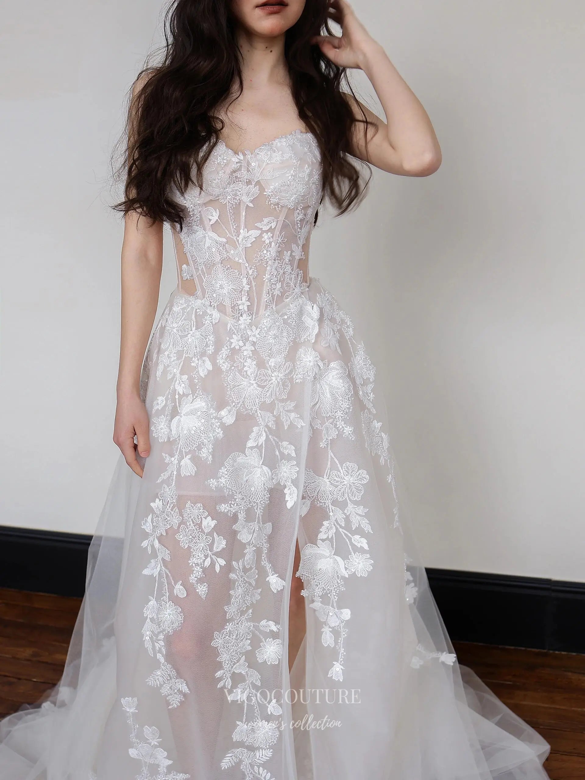 Wedding Dresses 2025 to impress Romantic Strapless Lace Appliqué Wedding Dress with Sheer Corset Bodice and Chapel Train – RD030-vigocouture-vigocouture