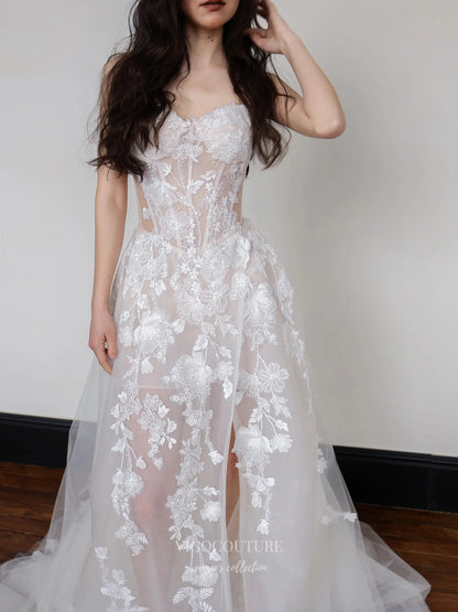 Wedding Dresses 2025 to impress Romantic Strapless Lace Appliqué Wedding Dress with Sheer Corset Bodice and Chapel Train – RD030-vigocouture-vigocouture