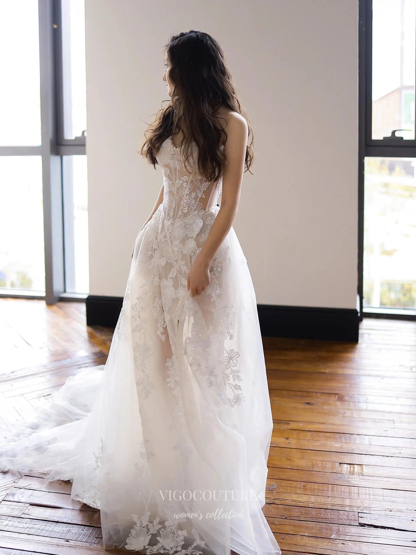 Wedding Dresses 2025 to impress Romantic Strapless Lace Appliqué Wedding Dress with Sheer Corset Bodice and Chapel Train – RD030-vigocouture-vigocouture