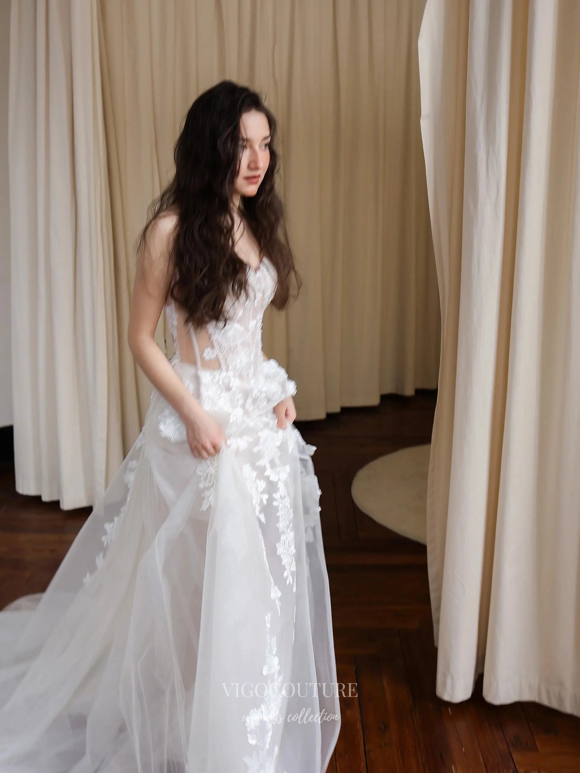 Strapless Lace Wedding Dress with Sheer Corset and Chapel Train – RD030 Ivory / US26W
